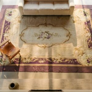 Beige Field Antique Late 19th Century French Flatweave Aubusson Room Size Rug (SKU 23925) - styled overhead view