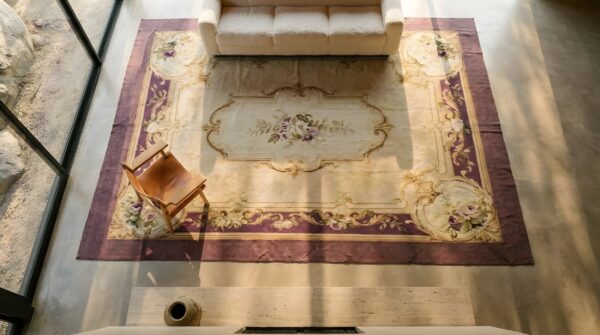 Beige field antique late 19th century french flatweave aubusson room size rug 2 Beige field antique late 19th century french flatweave aubusson room size rug (sku 23925) - styled overhead view
