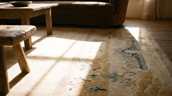 Beige antique scenic pictorial art deco chinese rug 8 Beige antique scenic pictorial art deco chinese rug (sku 24102) - in-room detail