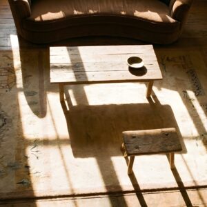 Beige Antique Scenic Pictorial Art Deco Chinese Rug (SKU 24102) - styled overhead view