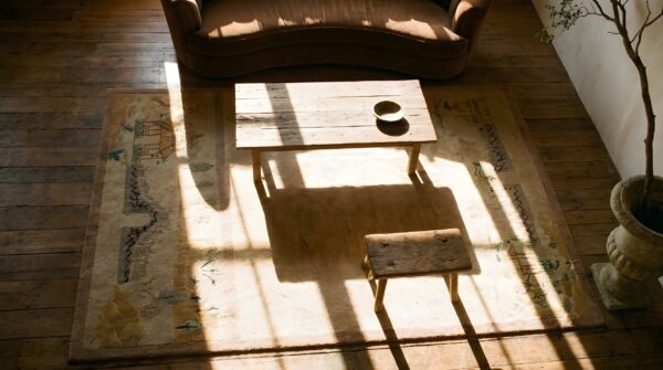 Beige antique scenic pictorial art deco chinese rug 2 Beige antique scenic pictorial art deco chinese rug (sku 24102) - styled overhead view