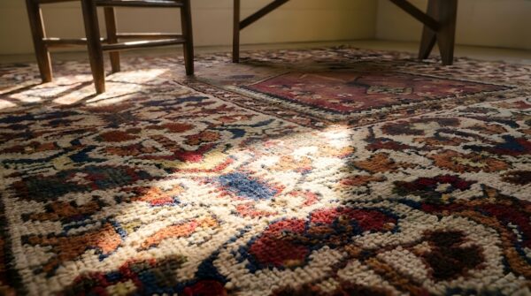 Antique bergama turkish medallion square knotted rug 25 Antique bergama turkish medallion square knotted rug (sku 24750) - in-room detail