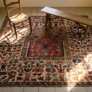 Antique Bergama Turkish Medallion Square Knotted Rug (SKU 24750) - styled overhead view
