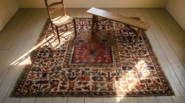 Antique bergama turkish medallion square knotted rug 2 Antique bergama turkish medallion square knotted rug (sku 24750) - styled overhead view