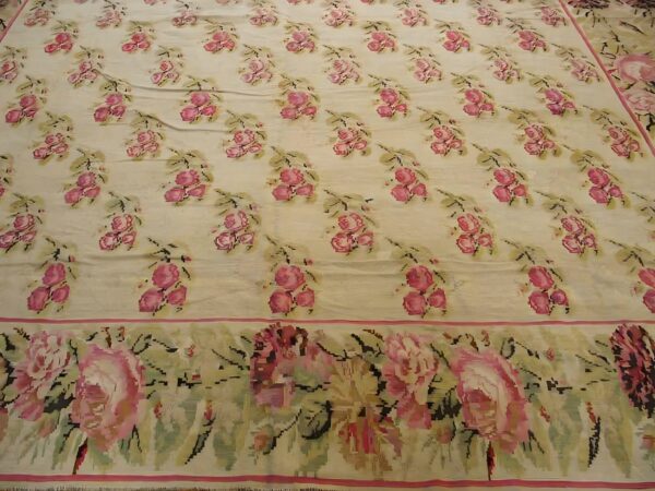 Antique bessarabian flat-weave carpet 12'10"×14'6" ivory floral, mid-19th century, circa 1850 (sku 19245) - room view