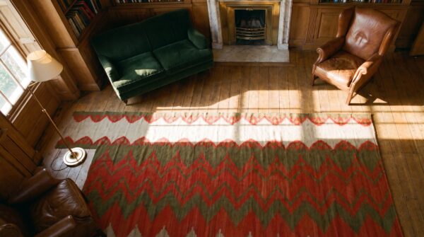 Antique bessarabian flat woven hallway runner rug 2 Antique bessarabian flat woven hallway runner rug (sku 19417) - styled overhead view