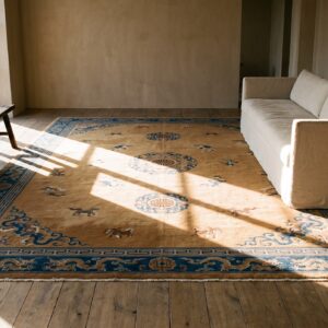 Big Antique Light Ivory Color Chinese Dragon Medallion Knotted Pile Rug (SKU 24466) - room view