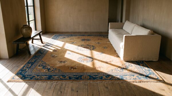 Big antique light ivory color chinese dragon medallion knotted pile rug 14 Big antique light ivory color chinese dragon medallion knotted pile rug (sku 24466) - room view
