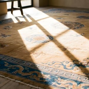 Big Antique Light Ivory Color Chinese Dragon Medallion Knotted Pile Rug (SKU 24466) - in-room detail