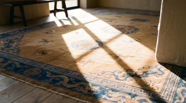 Big antique light ivory color chinese dragon medallion knotted pile rug 15 Big antique light ivory color chinese dragon medallion knotted pile rug (sku 24466) - in-room detail