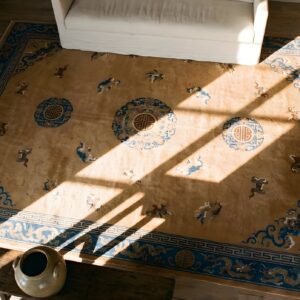 Big Antique Light Ivory Color Chinese Dragon Medallion Knotted Pile Rug (SKU 24466) - styled overhead view
