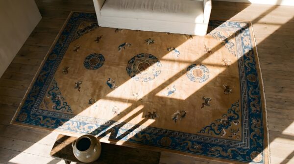 Big antique light ivory color chinese dragon medallion knotted pile rug 2 Big antique light ivory color chinese dragon medallion knotted pile rug (sku 24466) - styled overhead view