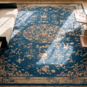Big Oversized Antique Light Blue Floral Medallion Peking Chinese Rug (SKU 21780) - styled overhead view