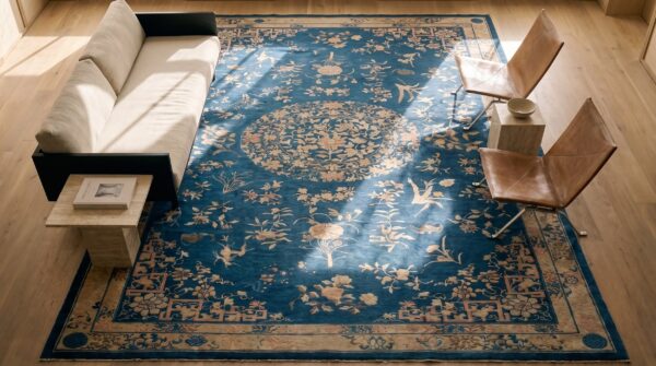 Big oversized antique light blue floral medallion peking chinese rug 2 Big oversized antique light blue floral medallion peking chinese rug (sku 21780) - styled overhead view