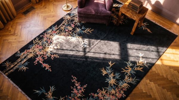 Black antique artistic art deco bamboo design chinese rug 2 Black antique artistic art deco bamboo design chinese rug (sku 25055) - styled overhead view