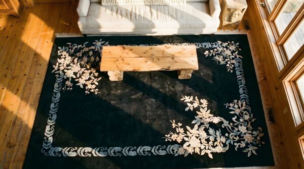 Antique black color minimalist open field chinese art deco rug 2 Antique black color minimalist open field chinese art deco rug (sku 25360) - styled overhead view