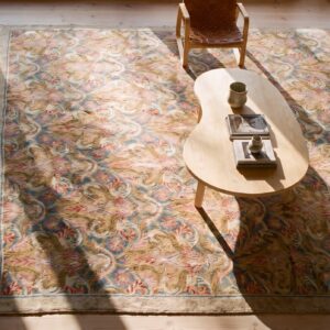 Antique Wool Hand Knotted Pile Blue 1750s Rug (SKU 23623) - styled overhead view
