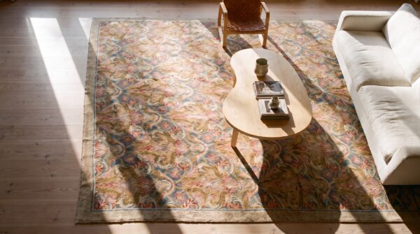 Antique wool hand knotted pile blue 1750s rug 2 Antique wool hand knotted pile blue 1750s rug (sku 23623) - styled overhead view