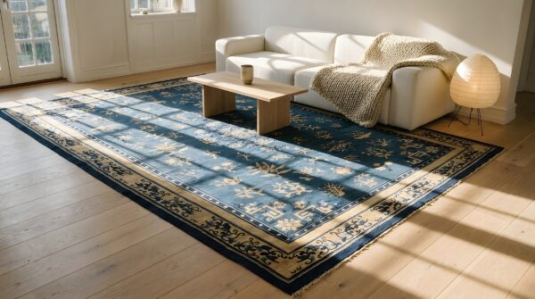 Antique wool hand knotted pile blue 1880s rug (sku 24924) - room view