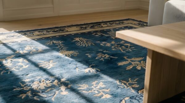 Antique wool hand knotted pile blue 1880s rug (sku 24924) - in-room detail