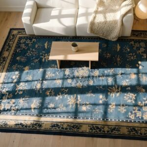Antique Wool Hand Knotted Pile Blue 1880s Rug (SKU 24924) - styled overhead view