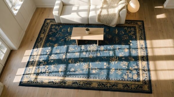 Antique wool hand knotted pile blue 1880s rug (sku 24924) - styled overhead view