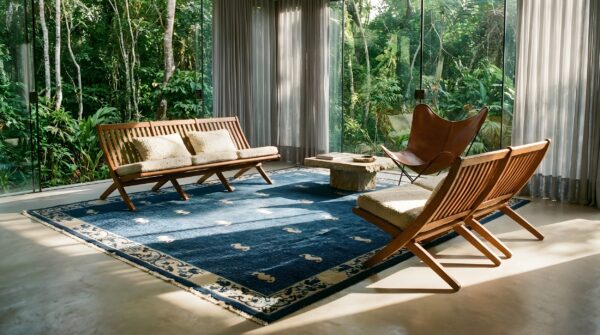 Blue antique 1880s allover geometric hand knotted pile wool rectangle rug 7 Blue antique 1880s allover geometric hand knotted pile wool rectangle rug (sku 23528) - room view