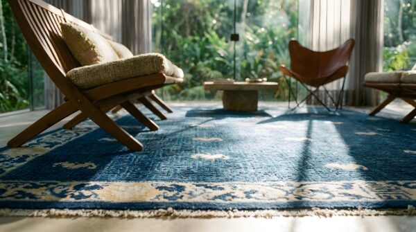 Blue antique 1880s allover geometric hand knotted pile wool rectangle rug 8 Blue antique 1880s allover geometric hand knotted pile wool rectangle rug (sku 23528) - in-room detail
