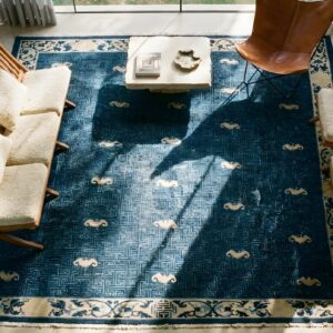 Blue Antique 1880s Allover Geometric Hand Knotted Pile Wool Rectangle Rug (SKU 23528) - styled overhead view