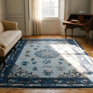 Hand Knotted Pile Antique Blue 1890s Wool Rectangle Rug (SKU 25175) - room view