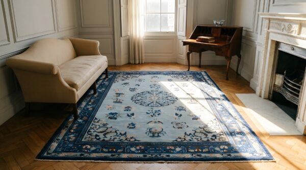 Hand knotted pile antique blue 1890s wool rectangle rug (sku 25175) - room view