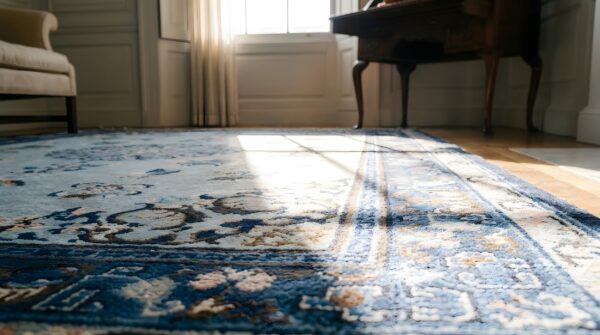 Hand knotted pile antique blue 1890s wool rectangle rug (sku 25175) - in-room detail