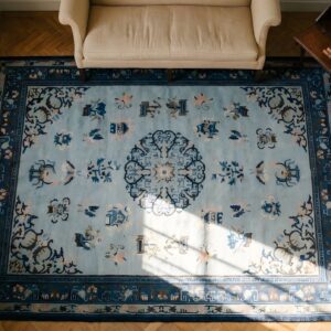 Hand Knotted Pile Antique Blue 1890s Wool Rectangle Rug (SKU 25175) - styled overhead view
