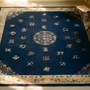 Antique Wool Hand Knotted Pile Blue 1900s Rug (SKU 24956) - styled overhead view