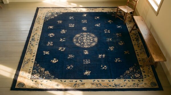 Antique wool hand knotted pile blue 1900s rug (sku 24956) - styled overhead view