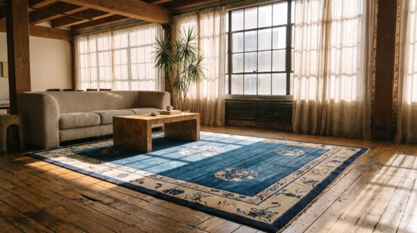 Antique hand knotted pile wool blue 1900s rectangle rug 6 Antique hand knotted pile wool blue 1900s rectangle rug (sku 22871) - room view