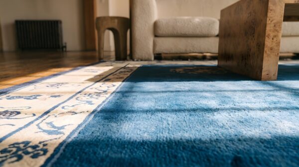 Antique hand knotted pile wool blue 1900s rectangle rug 7 Antique hand knotted pile wool blue 1900s rectangle rug (sku 22871) - in-room detail