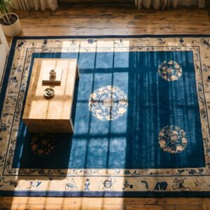 Antique Hand Knotted Pile Wool Blue 1900s Rectangle Rug (SKU 22871) - styled overhead view
