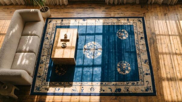 Antique hand knotted pile wool blue 1900s rectangle rug 2 Antique hand knotted pile wool blue 1900s rectangle rug (sku 22871) - styled overhead view