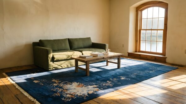 Antique wool hand knotted pile blue 1920s rug 7 Antique wool hand knotted pile blue 1920s rug (sku 23641) - room view