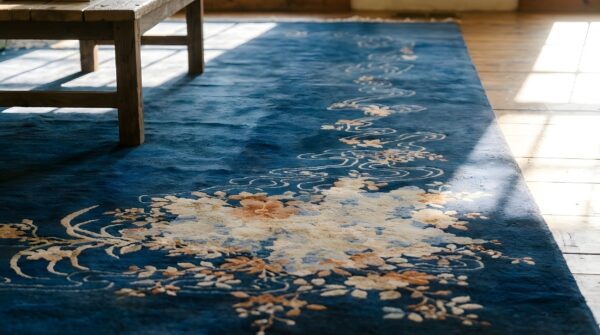 Antique wool hand knotted pile blue 1920s rug 8 Antique wool hand knotted pile blue 1920s rug (sku 23641) - in-room detail