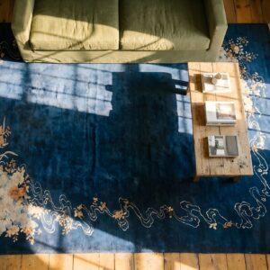 Antique Wool Hand Knotted Pile Blue 1920s Rug (SKU 23641) - styled overhead view