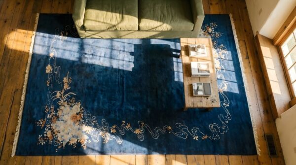 Antique wool hand knotted pile blue 1920s rug 2 Antique wool hand knotted pile blue 1920s rug (sku 23641) - styled overhead view