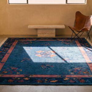 Wool Hand Knotted Pile Antique Blue 1920s Floral Medallion Rectangle Rug (SKU 22212) - room view