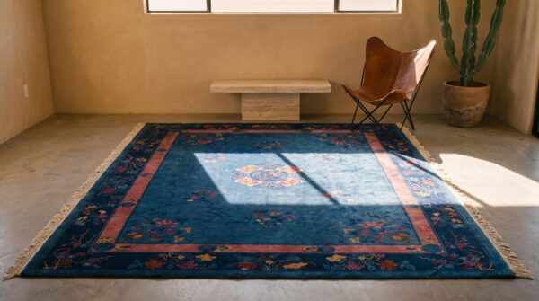 Wool hand knotted pile antique blue 1920s floral medallion rectangle rug (sku 22212) - room view
