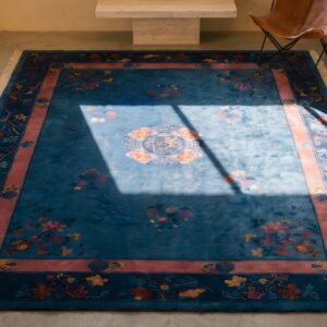 Wool Hand Knotted Pile Antique Blue 1920s Floral Medallion Rectangle Rug (SKU 22212) - styled overhead view
