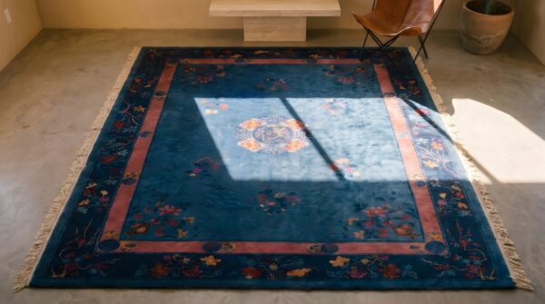 Wool hand knotted pile antique blue 1920s floral medallion rectangle rug (sku 22212) - styled overhead view