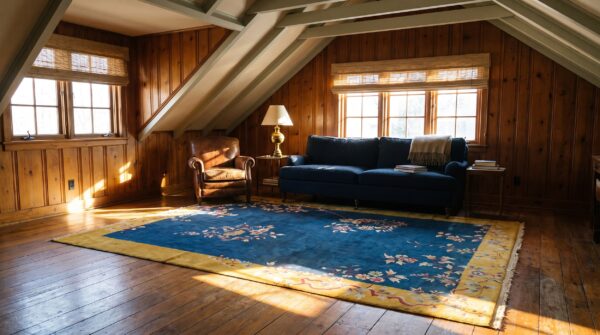 Wool blue hand knotted pile 1920s floral rectangle antique rug (sku 23455) - room view