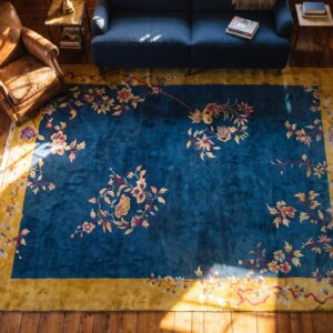 Wool Blue Hand Knotted Pile 1920s Floral Rectangle Antique Rug (SKU 23455) - styled overhead view