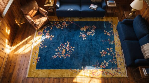 Wool blue hand knotted pile 1920s floral rectangle antique rug (sku 23455) - styled overhead view